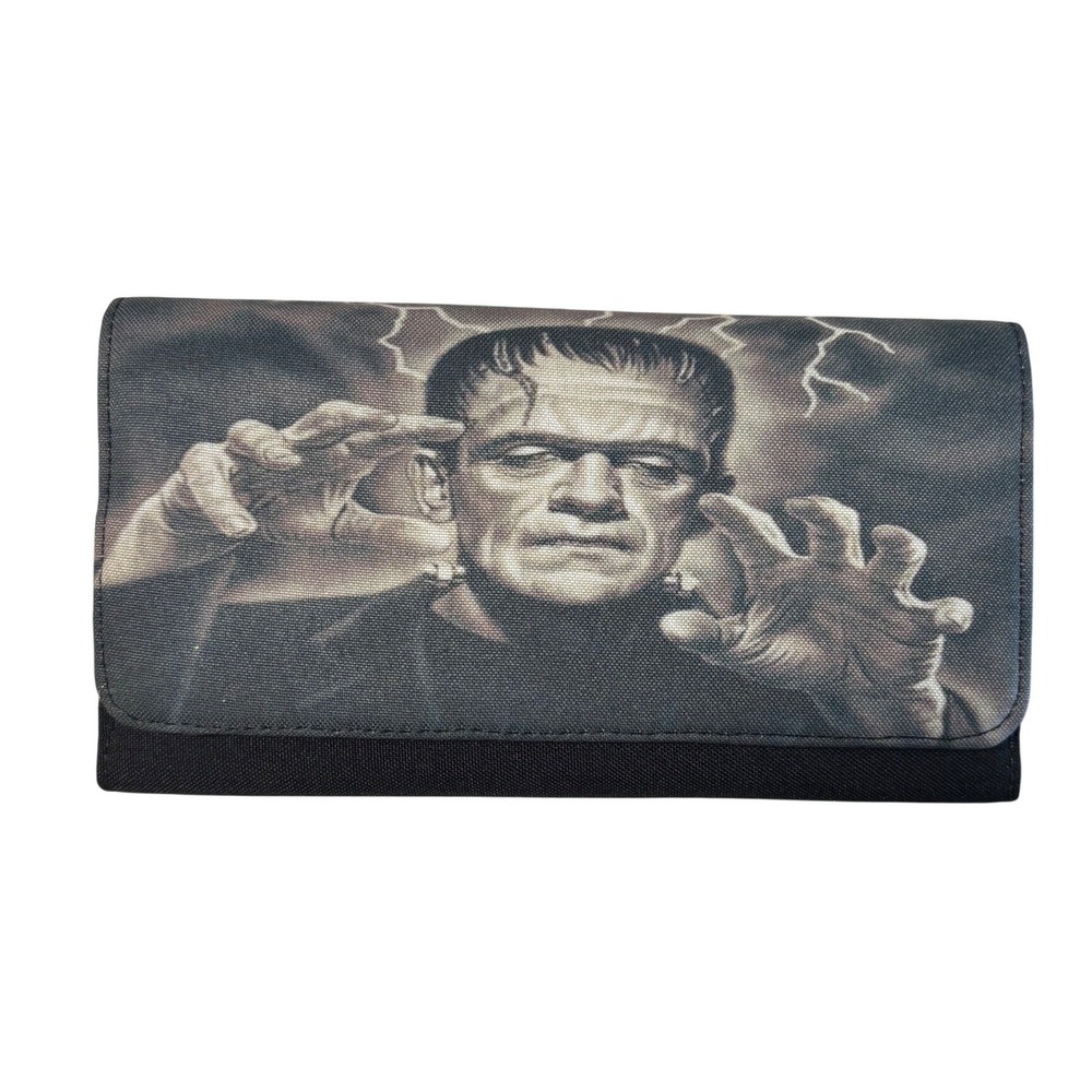 Top Notch By Design Frankenstein Horror Graphic Trifold Wallet Black Canvas